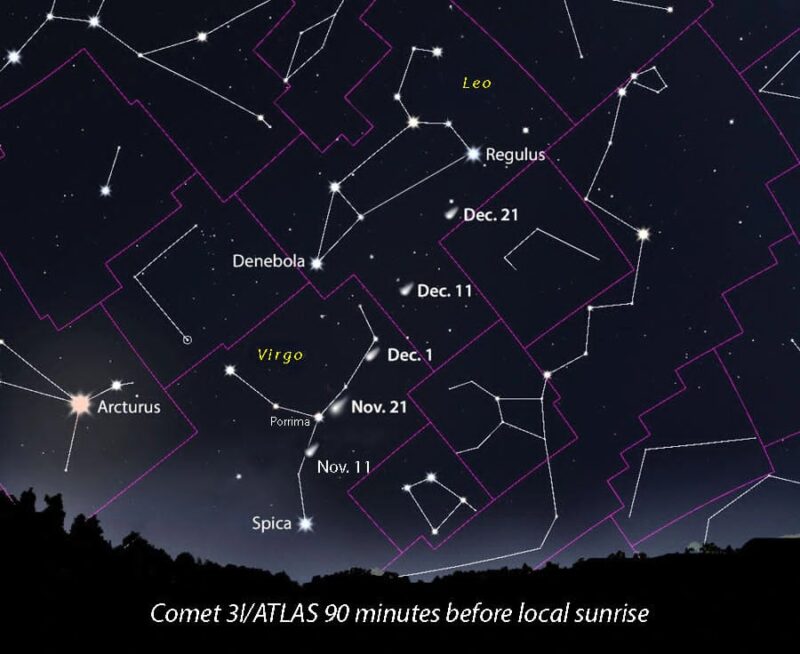 Sky chart with 5 dated positions of the comet in a line among many constellations.