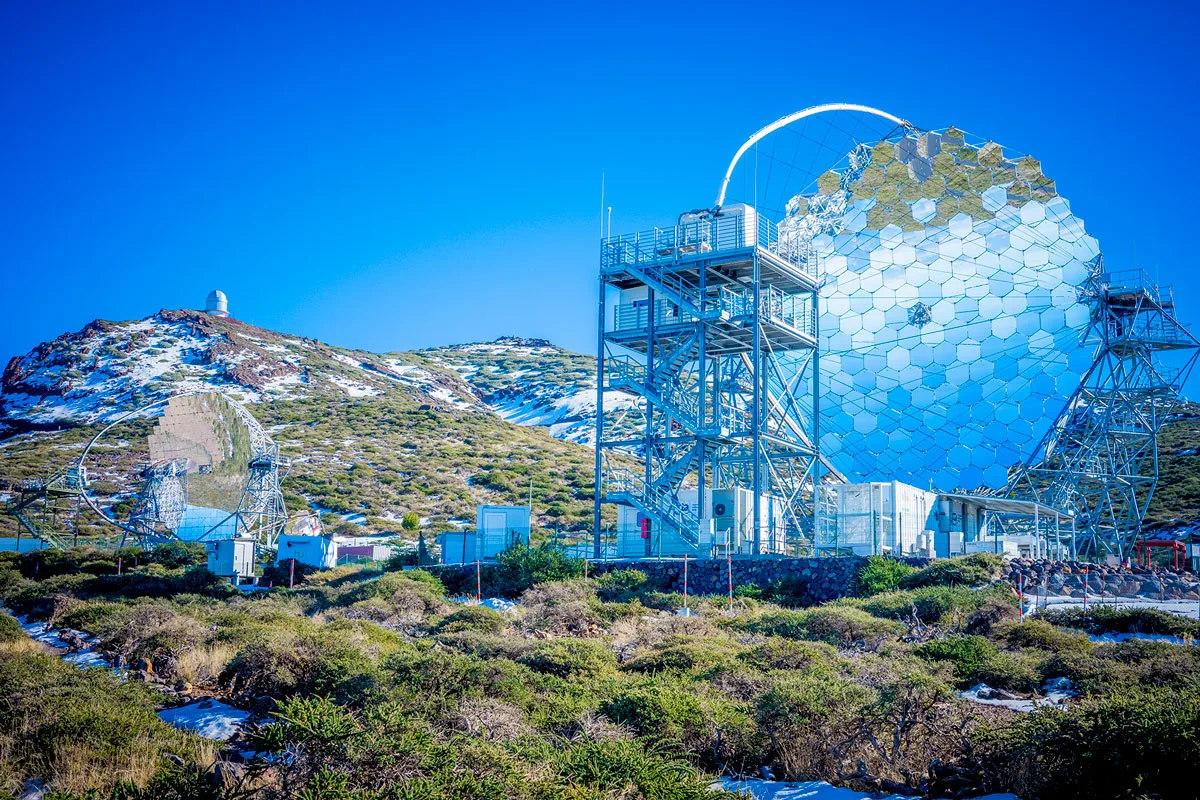 View on Magic Florian Goebel Telescope on Roque de los Muchachos on La Palma, part of Cherenkov Telescope Array.