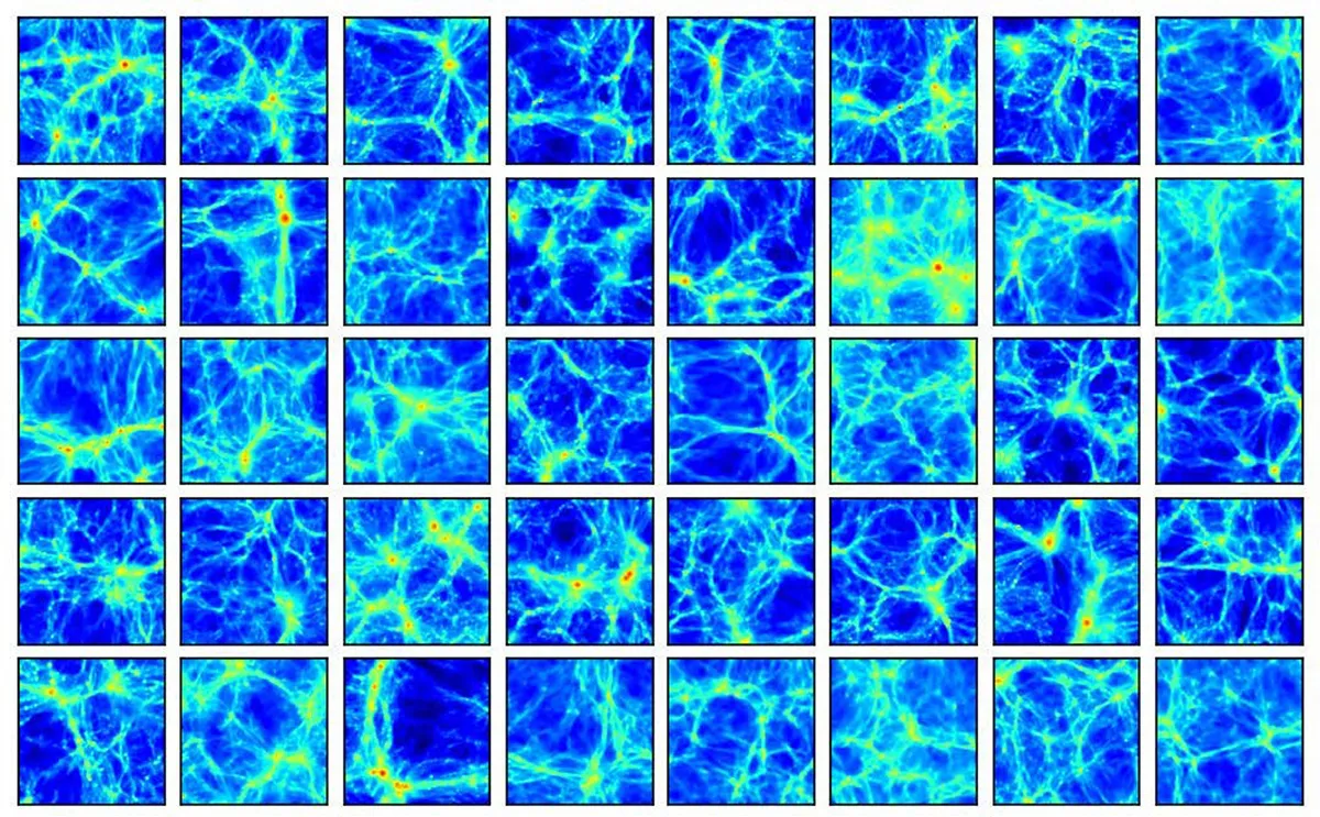 Each of the CAMELS project’s simulations reveals something different, in this case the variation in gas densities in a selection of model universes. Credit: F. Villaescusa-Navarro/D. Angles-Alcazar/S. Genel et al