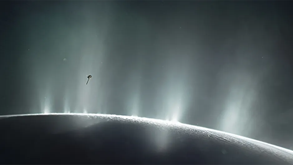 An illustration of NASA's Cassini spacecraft diving through plumes erupting on Saturn's moon Enceladus from the ocean below its icy crust. Will exploration of these oceans reveal evidence of life? Credit: NASA/JPL-Caltech