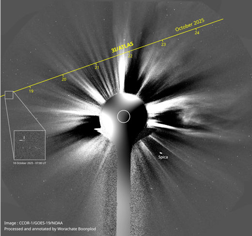 Black and white image of many rays coming from the sun and a yellow line for the path of the comet.