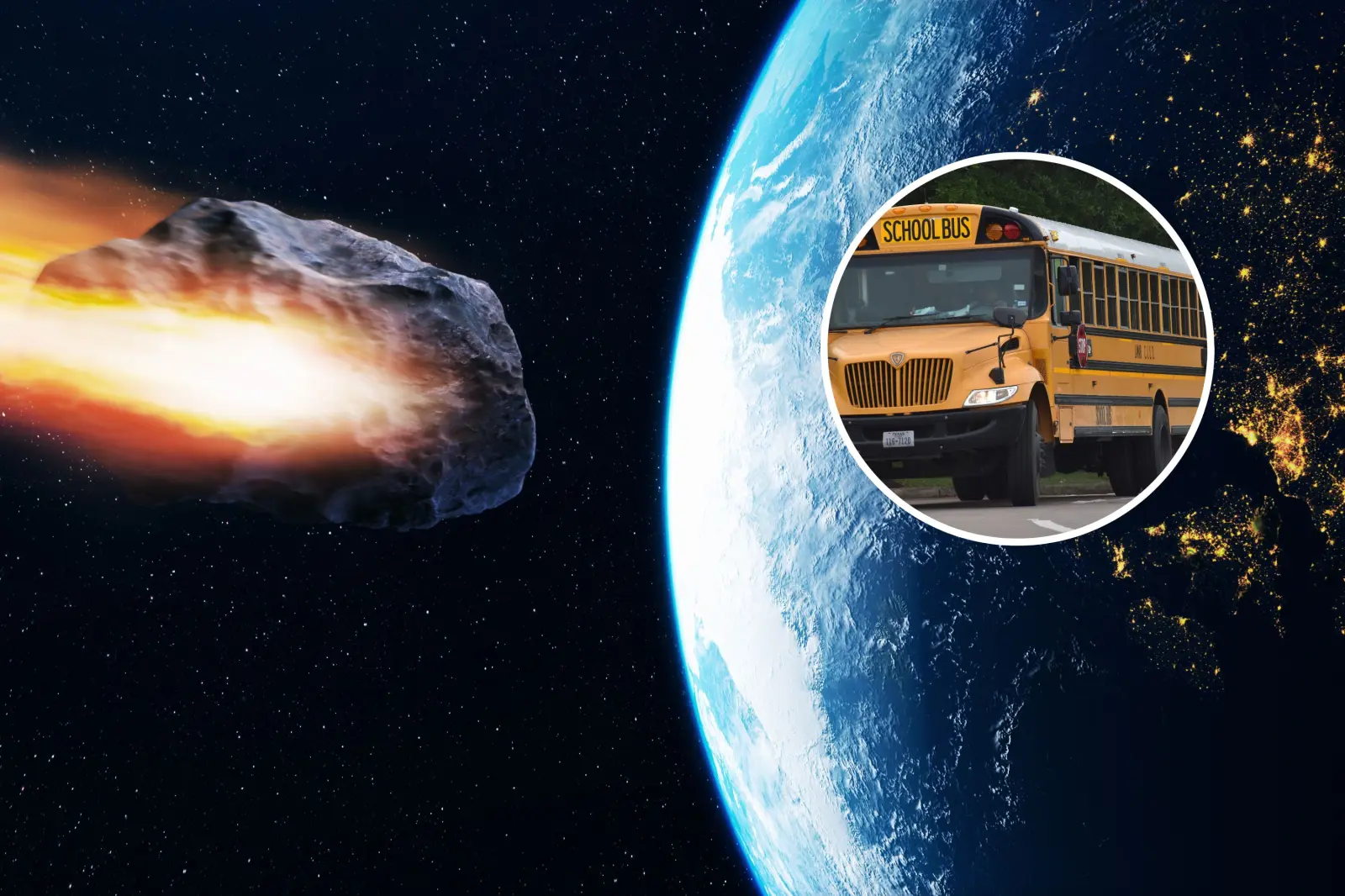 Asteroid approaching Earth, with an inset picture of a school bus.