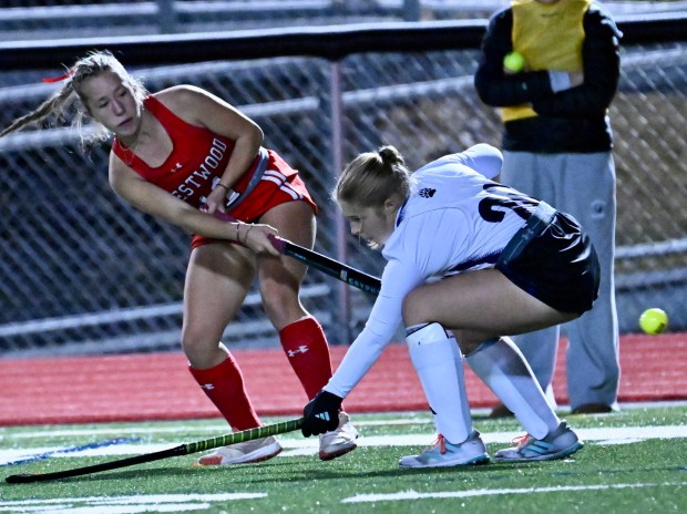 Crestwood’s Kasey Orbes, left, stops Northern’s Tori Snyder from advancing...