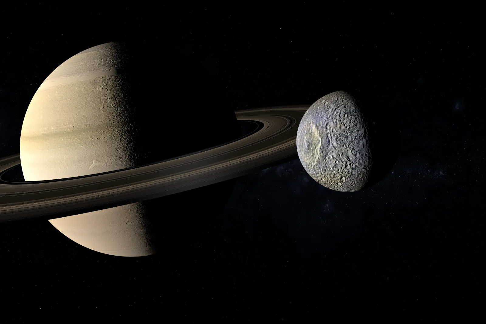 Mimas satellite orbiting around the Saturn planet. 3d render