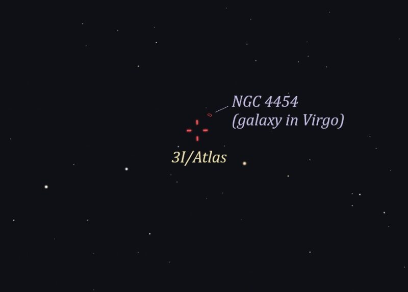Star chart showing red marks for comet location and a tiny, dim red circle just above it for galaxy NGC 4454.