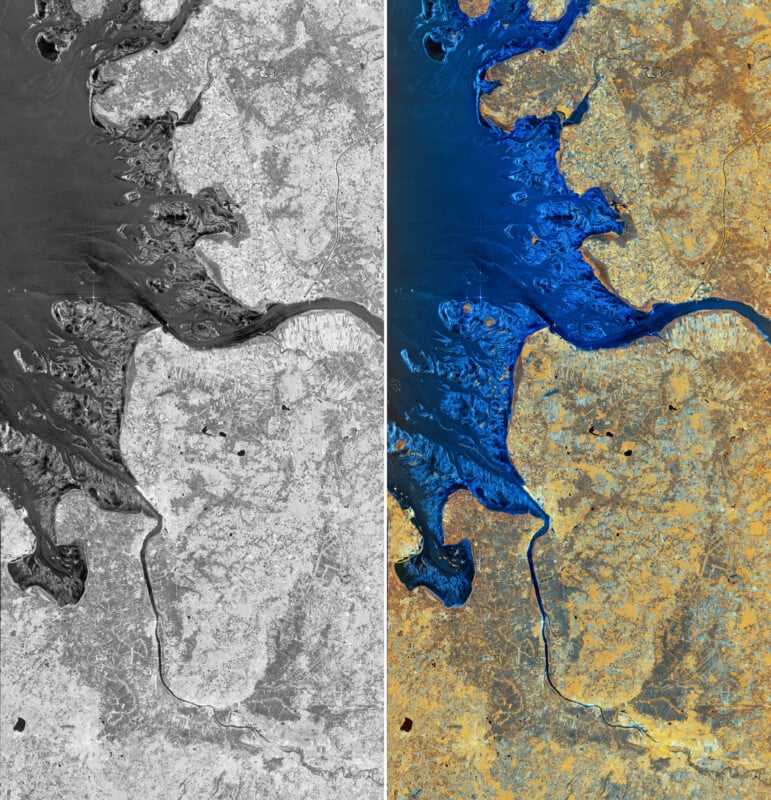 Side-by-side satellite images of a coastal landscape; the left image is in grayscale, while the right image uses false color, showing blue water and golden-brown land, highlighting land and water features.