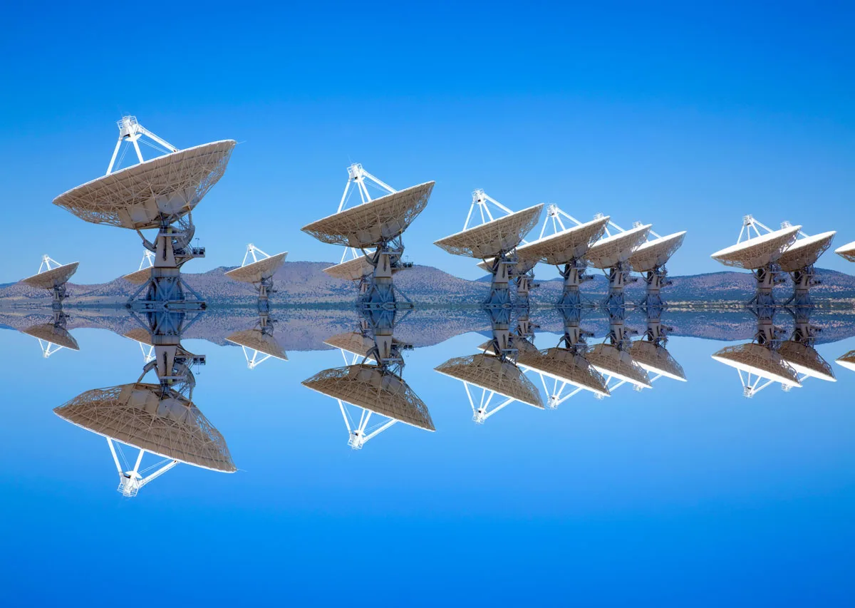 A reflected view of VLA. aka very large array of radio telescopes monitoring cosmos.