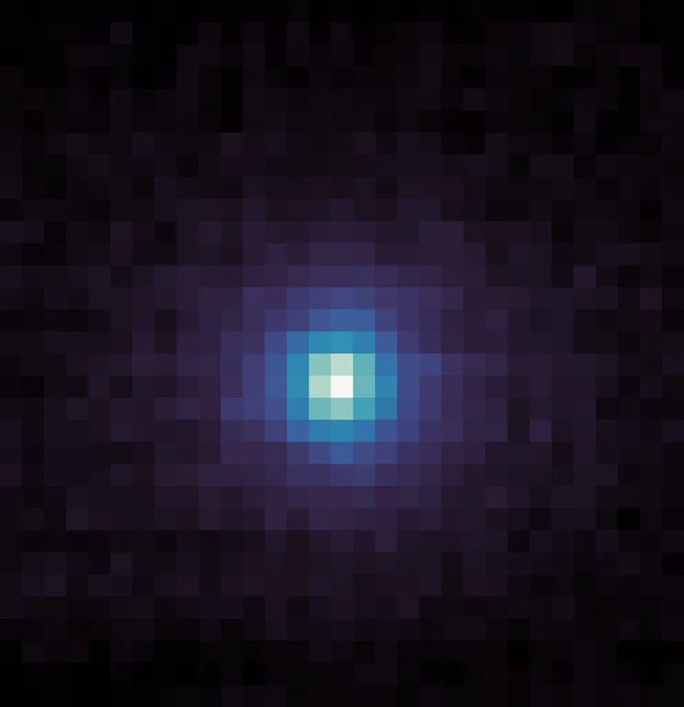 <div class="caption"><p>This image shows the halo of gas and dust, or coma, surrounding comet 3I/ATLAS, the third interstellar object ever detected by astronomers as it passes through our solar system. It was taken on October 9, 2025, by an instrument onboard NASA’s Mars Atmosphere and Volatile Evolution (MAVEN) spacecraft, which has been studying Mars from its orbit since 2014. The instrument, the Imaging Ultraviolet Spectrograph, takes pictures in the ultraviolet part of the spectrum to reveal the chemical composition of objects. The center of the image has the brightest pixel, indicating where the comet is. The next brightest shades in the image indicate areas where the instrument detected atoms of hydrogen coming from the comet. This hydrogen is released when sunlight heats the comet, causing its water ice to turn directly into vapor. Once released into space, the water molecules break apart into oxygen and hydrogen atoms.<br></p></div> <div class="credits"><p>NASA/Goddard/LASP/CU Boulder</p></div>