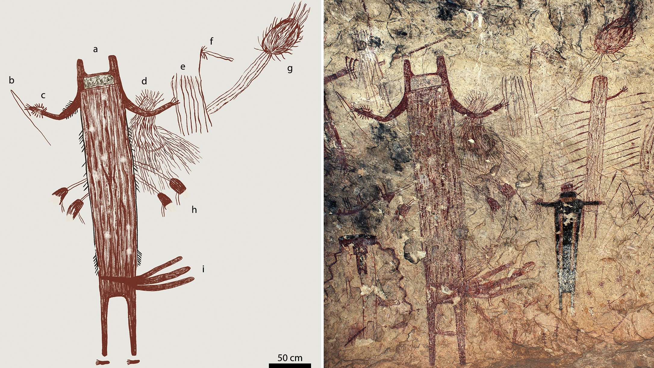 An illustration (left) and an image (right) of a tall figure drawn in red.