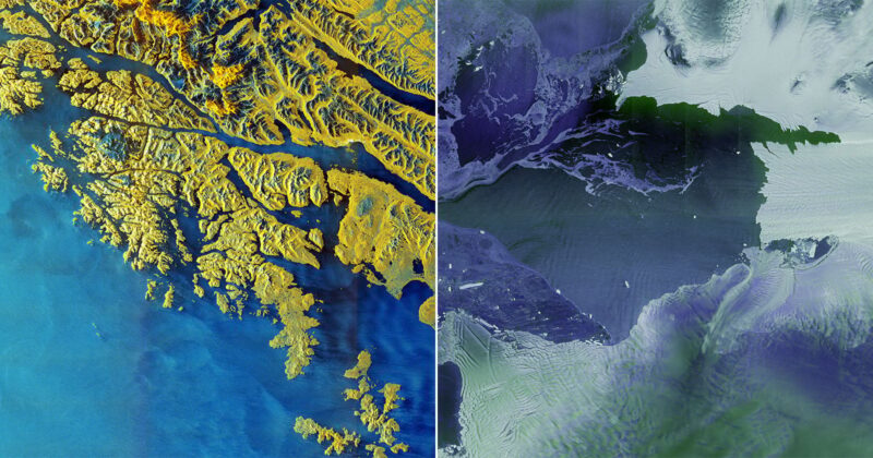 Side-by-side satellite images show a rugged yellow and brown coastline on the left and icy, purple and green terrain on the right, highlighting different landscape features from above.