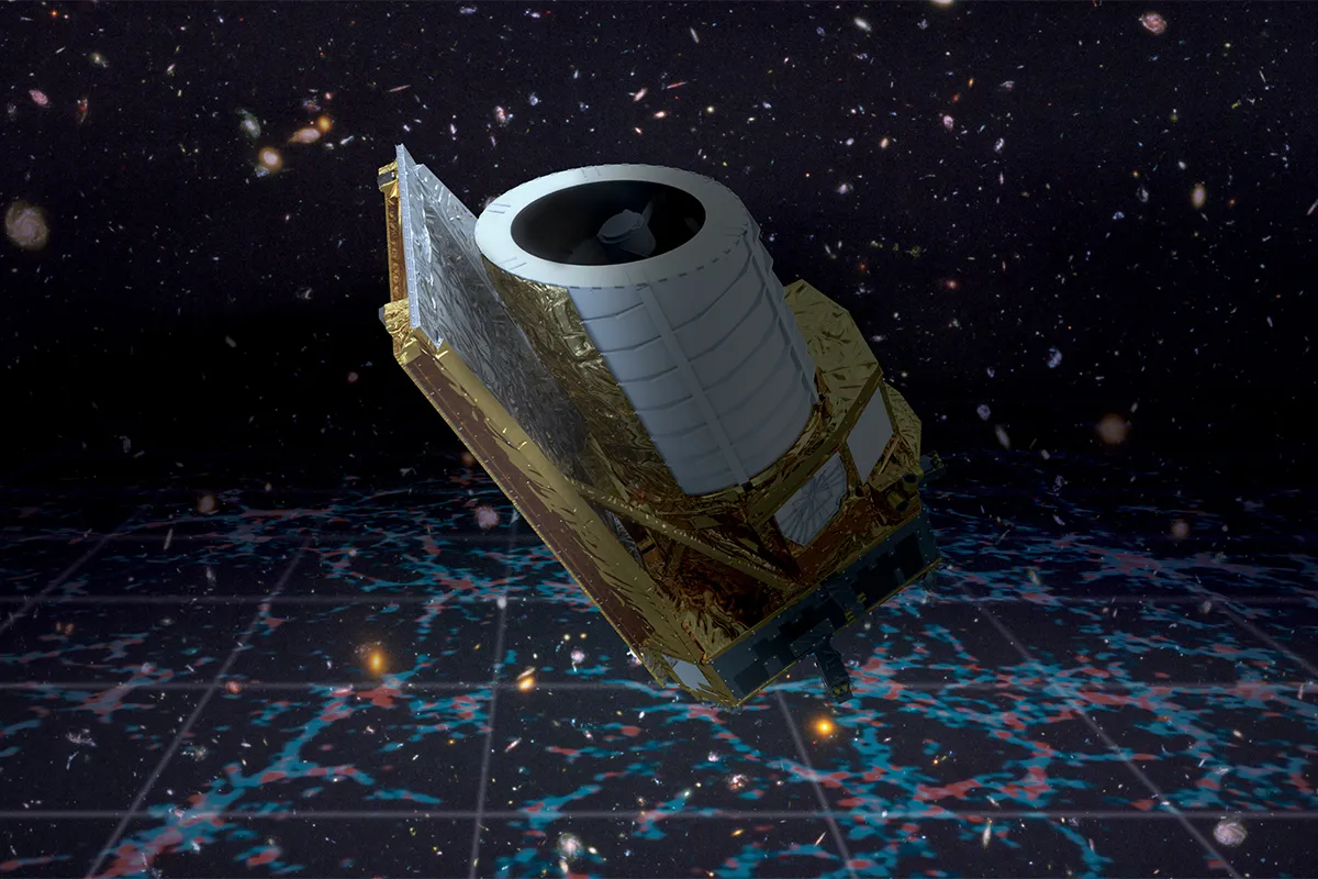 Artist’s impression of the Euclid spacecraft observing the dark Universe. Credit: ESA/Euclid/Euclid Consortium/NASA. Background galaxies: NASA, ESA, and S. Beckwith (STScI) and the HUDF Team, CC BY-SA 3.0 IGO