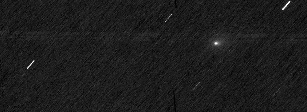 Image of comet 3I/ATLAS in the Martian sky, as seen by ESA's ExoMars Trace Gas Orbiter, 3 October 2025. The spacecraft's camera was trained on the fast-moving comet, which is why background stars appear as streaks. Credit: ESA/TGO/CaSSIS