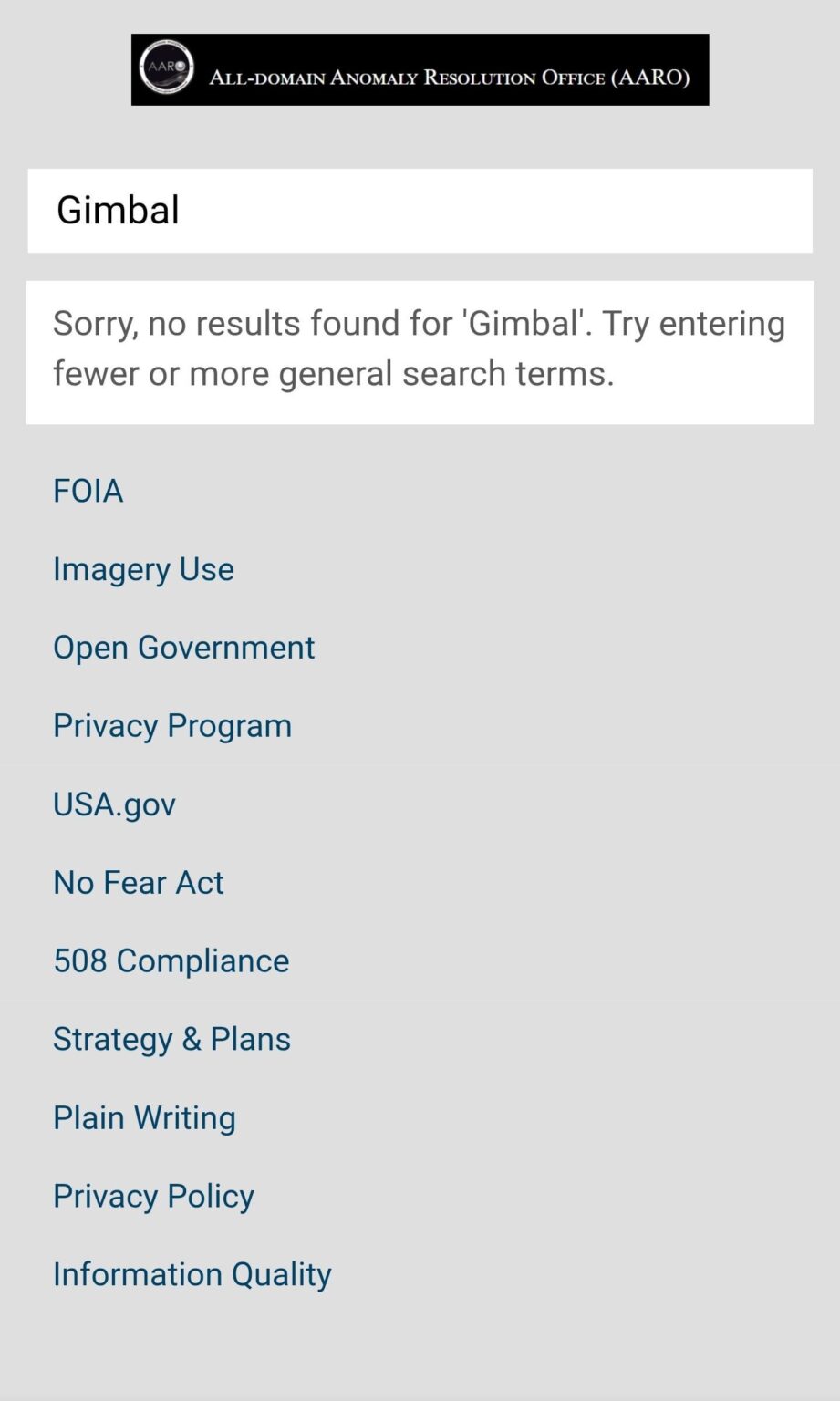 Gimbal missing from AARO search results?