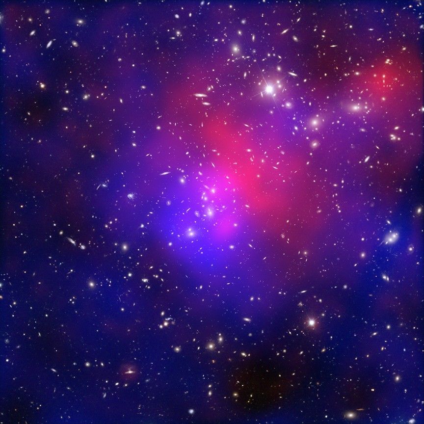This composite image features one of the most complicated and dramatic collisions between galaxy clusters ever seen. Known officially as Abell 2744, this system has been dubbed Pandora’s Cluster because of the wide variety of different structures found. Data from NASA's Chandra X-ray Observatory (red) show gas with temperatures of millions of degrees. In blue is a map showing the total mass concentration (mostly dark matter) based on data from NASA's Hubble Space Telescope, the VLT (Very Large Telescope), and the Subaru telescope. Optical data from Hubble and VLT also show the constituent galaxies of the clusters. Astronomers think at least four galaxy clusters coming from a variety of directions are involved with this collision. CREDIT: NASA, ESA, J. Merten (Institute for Theoretical Astrophysics, Heidelberg/Astronomical Observatory of Bologna), and D. Coe (STScI)