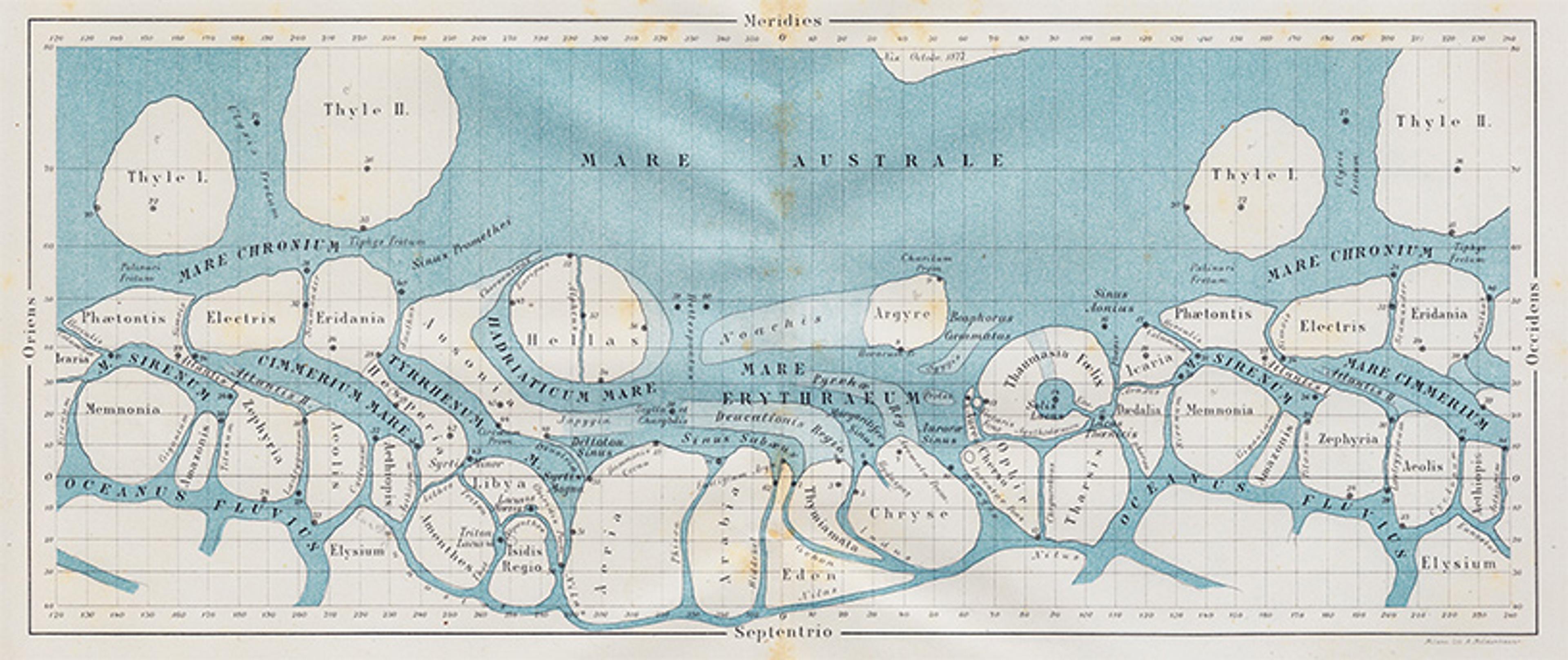 Hand-drawn map with Latin labels in blue and white set on a grid background.