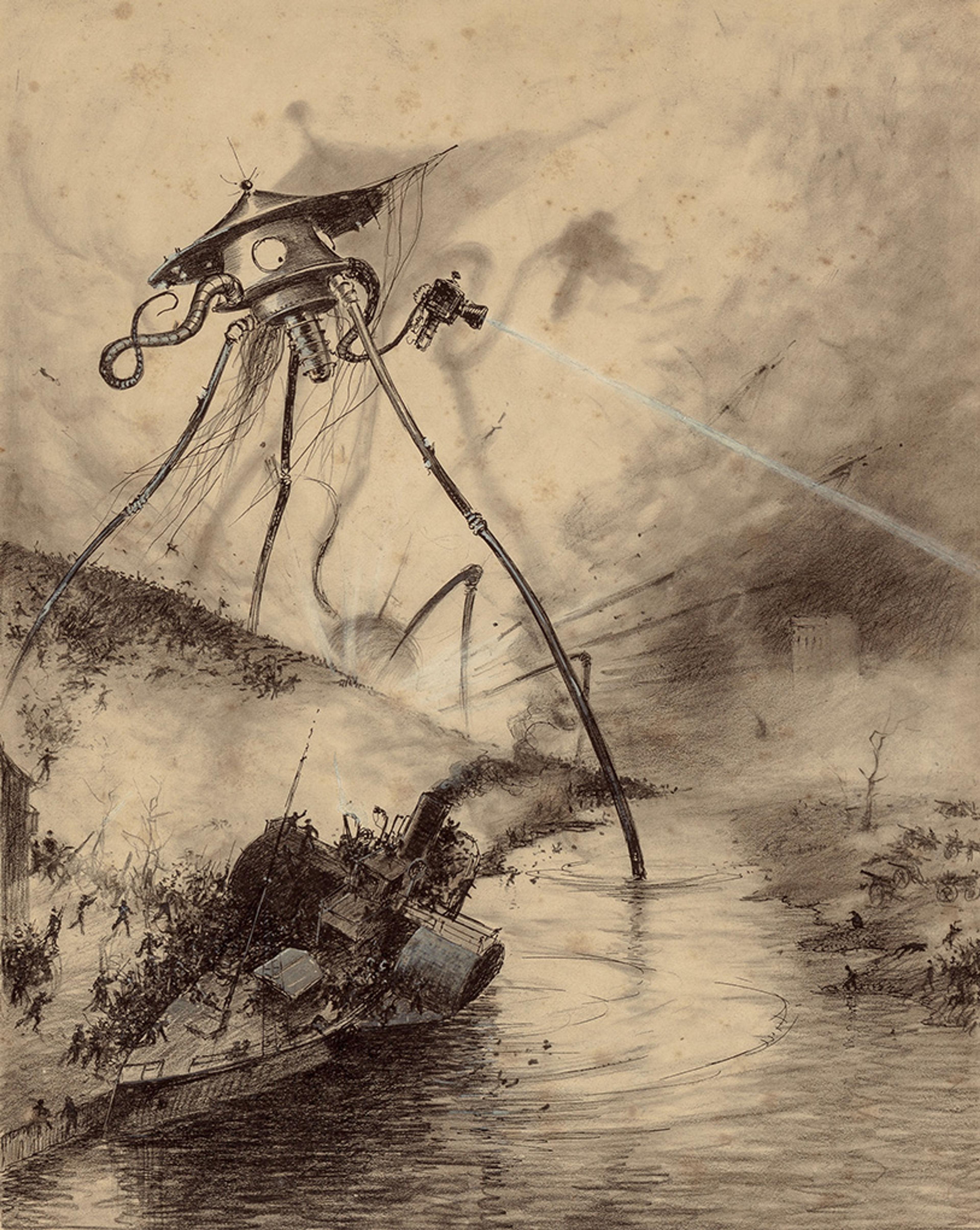 Charcoal drawing of a robotic tripod attacking a boat and people in a chaotic scene