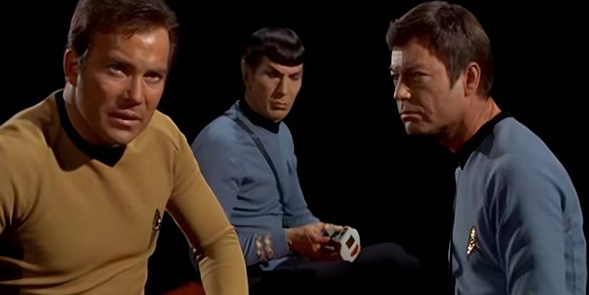 Kirk, Spock, and McCoy are stuck in a black room in the Star Trek: The Original Series episode The Empath.