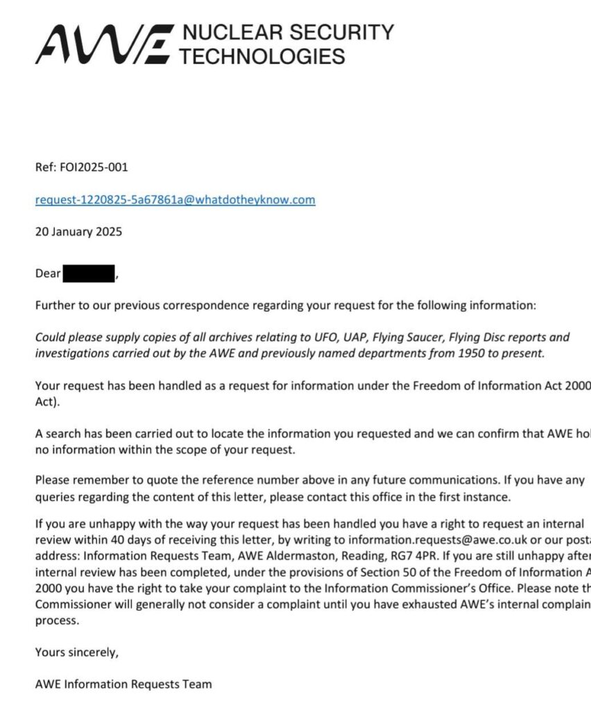 proof that asking governments for information about UFOs is completely pointless, you will always get this answer. The archives are full of records but the governments will claim they have nothing. so save your time asking for information.