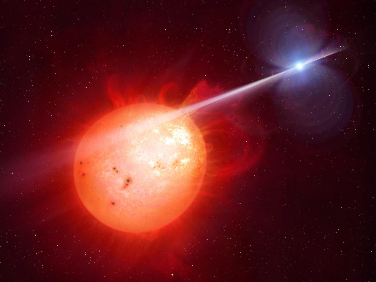 The Cosmic Lighthouse: This is the double star system AR Scorpii in the scorpius constellation. It consists of a white dwarf pulsar that rotates every 118 seconds and a red dwarf that lights up every ~3.5 hours because of that rotation. (See post description for image source)