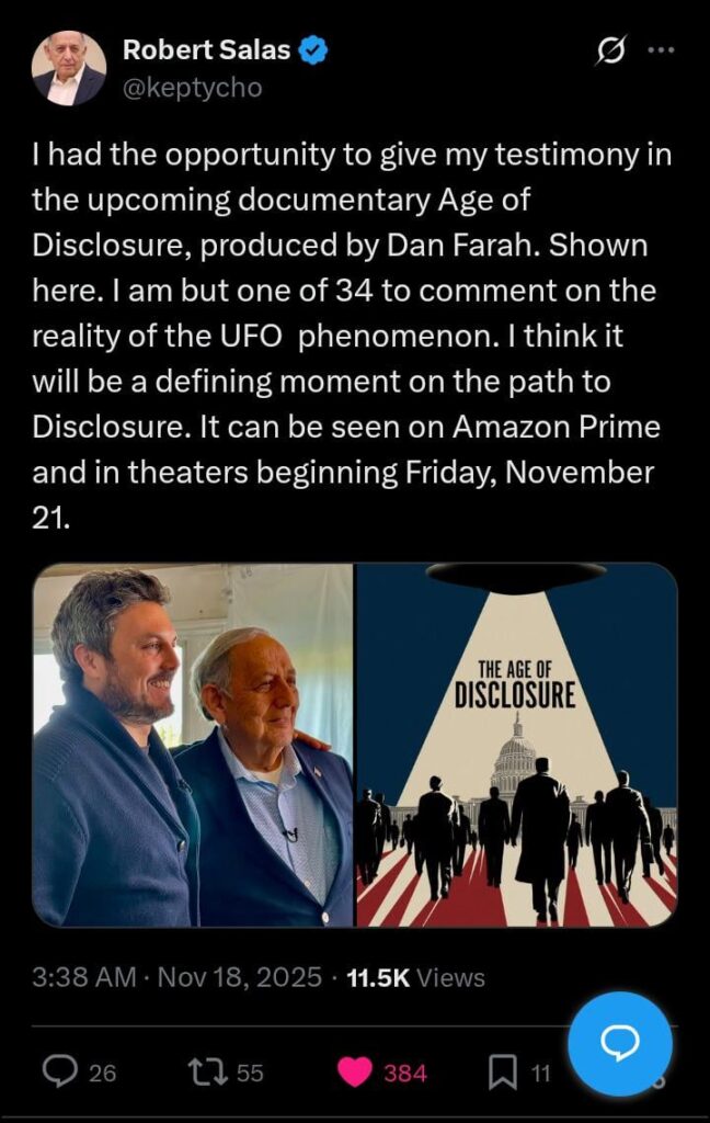 Captain Robert Salas, who claims that UFOs have disabled nuclear missiles at US military bases, confirms that he is one of the witnesses in the documentary "The Age of Disclosure"!