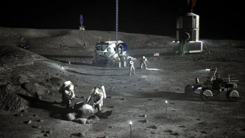 This illustration shows NASA's vision of Artemis astronauts working near the lunar south pole, where the space agency hopes to build a base camp.