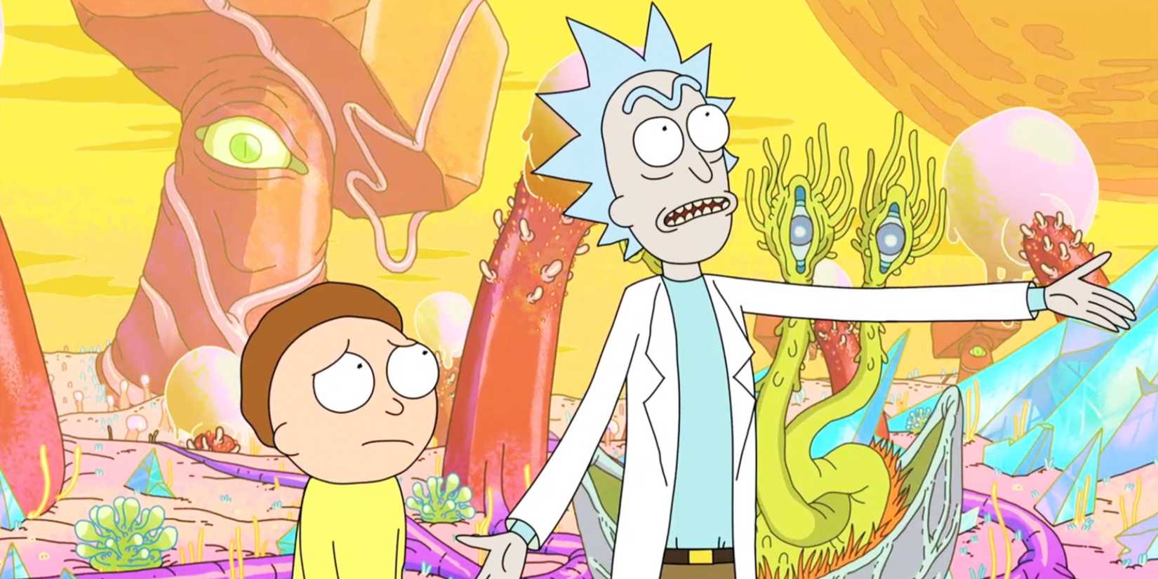 Rick Sanchez and Morty Smith (voiced by Justin Roiland) on an alien planet in Rick and Morty.