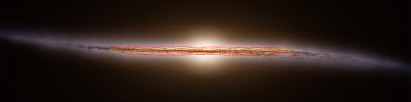 Side view of thin disk with bright bulge in center, a yellow line straight across it and a red line wavering up and down.