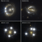 four images of quasars, each appearing duplicated due to effects of gravitational lensing