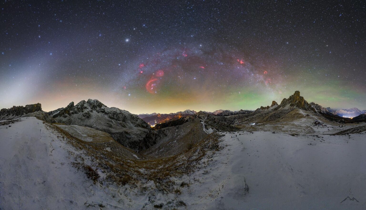 Passo Giau and winter Milky way arch panorama (OC)(2200x1263)