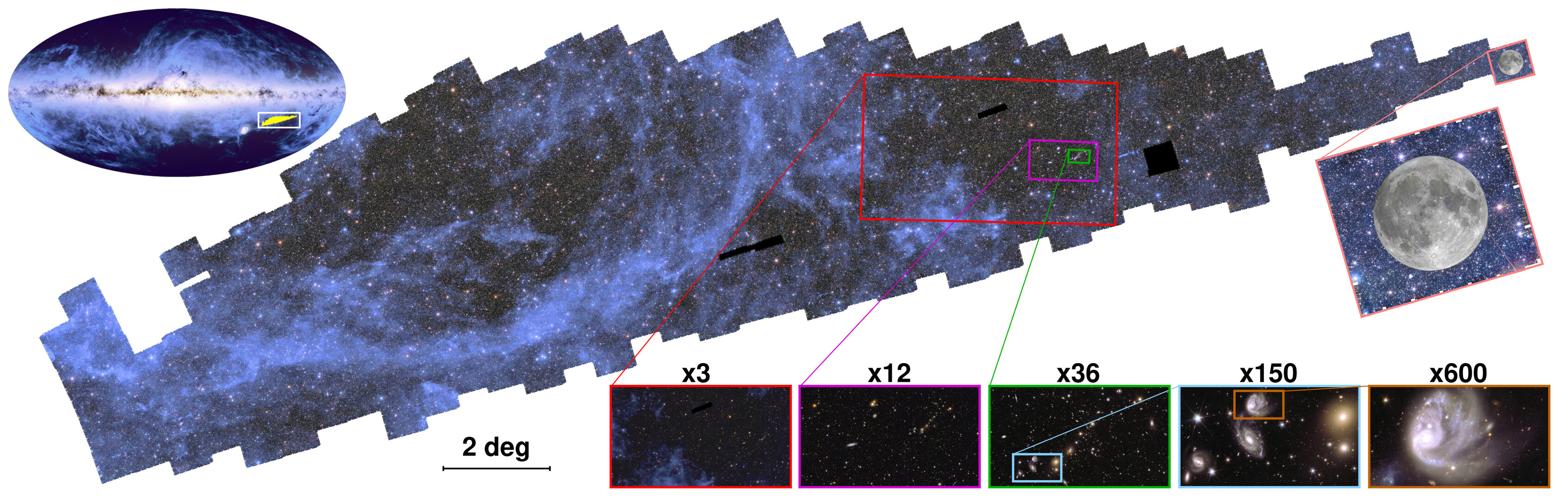 This graphic provides an overview of the mosaic and zoomed in images released by ESA’s Euclid mission on 15 October 2024. On the top left, an all-sky map is visible with the location of Euclid’s mosaic on the Southern Sky highlighted in yellow.