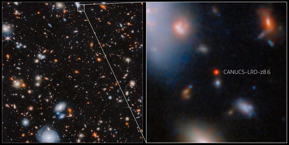 The JWST Makes Some Headway Understanding Little Red Dots The JWST's NIRCam instrument captured this image of galaxy CANUCS-LRD-z8.6 only 570 million years after the Big Bang. CANUCS-LRD-z8.6 is one of the small, very distant and strikingly red galaxies called Little Red Dots (LRDs), which have been spotted in increasing numbers by Webb’s surveys of the early Universe. Astrophysicists are working hard to determine what exactly LRDs are. Image Credit: ESA/Webb, NASA & CSA, G. Rihtaršič (University of Ljubljana, FMF), R. Tripodi (University of Ljubljana, FMF). Licence: Creative Commons Attribution 4.0 International license