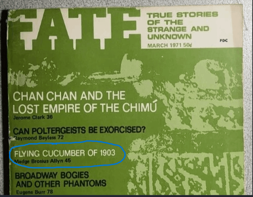 1903 Ohio sighting, "the giant ripe cucumber" - first hand account from Mrs Madge Brosius Allyn, the UAP had eight windows and was 'zigzagging' across the sky