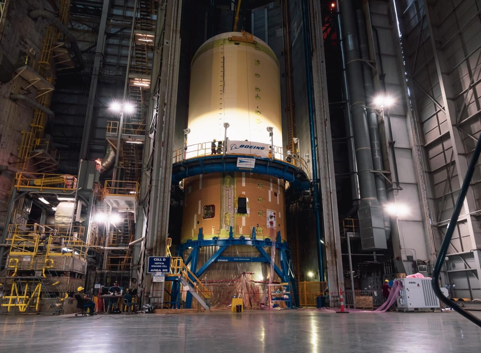 Photo of the Artemis III SLS core stage mating process in early November [credit: NASA/Steven B. Seipel]