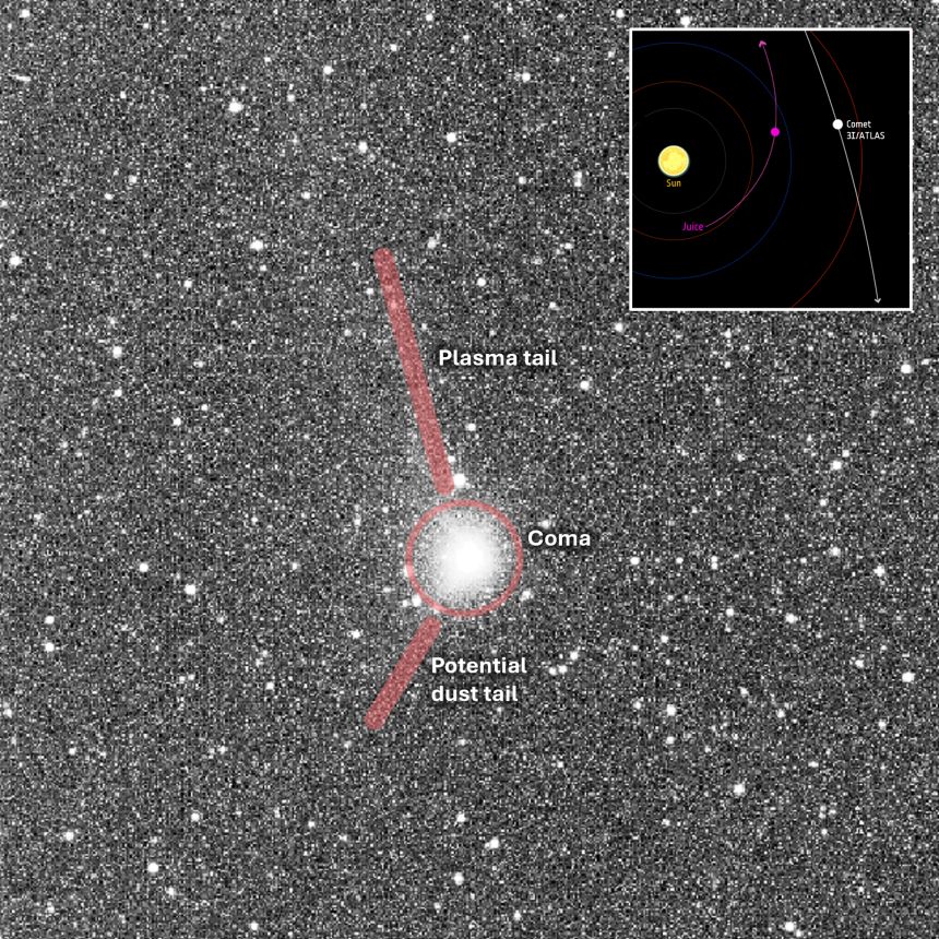 The Jupiter Icy Moons Explorer's NavCam observed two tails streaming off the comet on November 2.