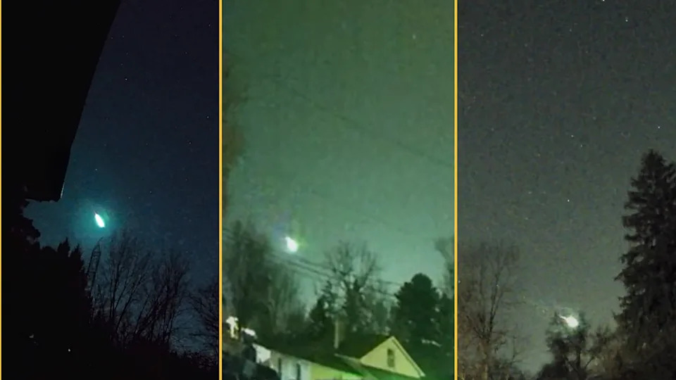  Three screenshots taken by three videos of the green fireball meteor. 