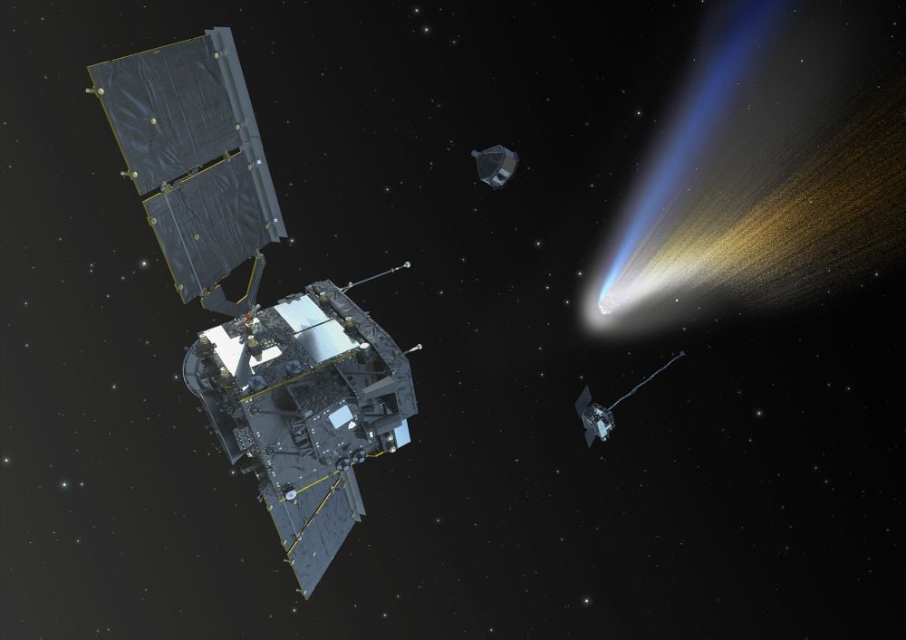 This illustration shows the ESA's Comet Interceptor mission during a flyby to a long period comet. It's two smaller probes have been launched and are approaching the comet. A new white paper explains how the Comet Interceptor mission could be a blueprint for a mission to visit and interstellar comet that visits our inner Solar System in the future. Image Credit: By ESA, CC BY-SA IGO 3.0, CC BY-SA 3.0 igo, https://commons.wikimedia.org/w/index.php?curid=146114448