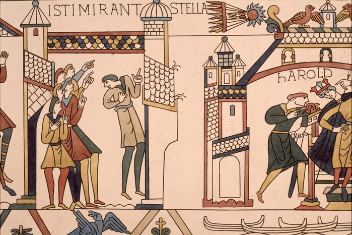 Bayeux Tapestry Halley's Comet This scene from the Bayeux Tapestry shows Halley’s Comet appearing in 1066, as King Harold is informed of the omen. Medieval observers regarded the comet as a portent of disaster.