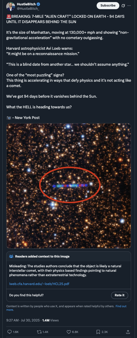 A fabricated/repurposed glowing-lights “spaceship” video is labeled as 3I/ATLAS; a Community Note is attached to correct it.