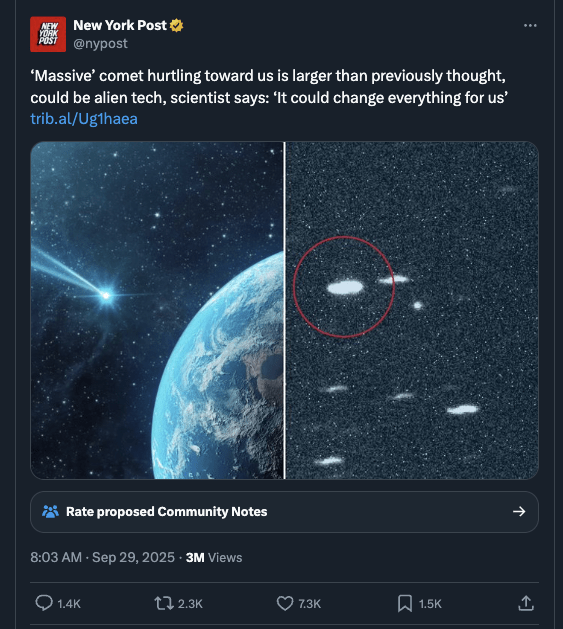 A screenshot from an X post from the account of the New York Post.