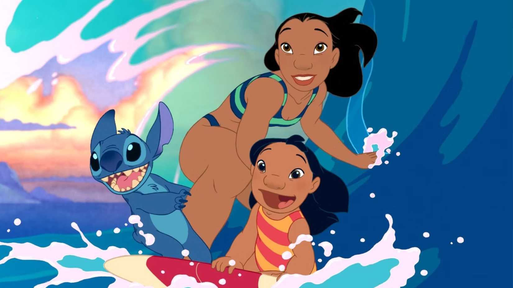 Lilo, Stitch, and Nani surfing in Lilo & Stitch (2002)