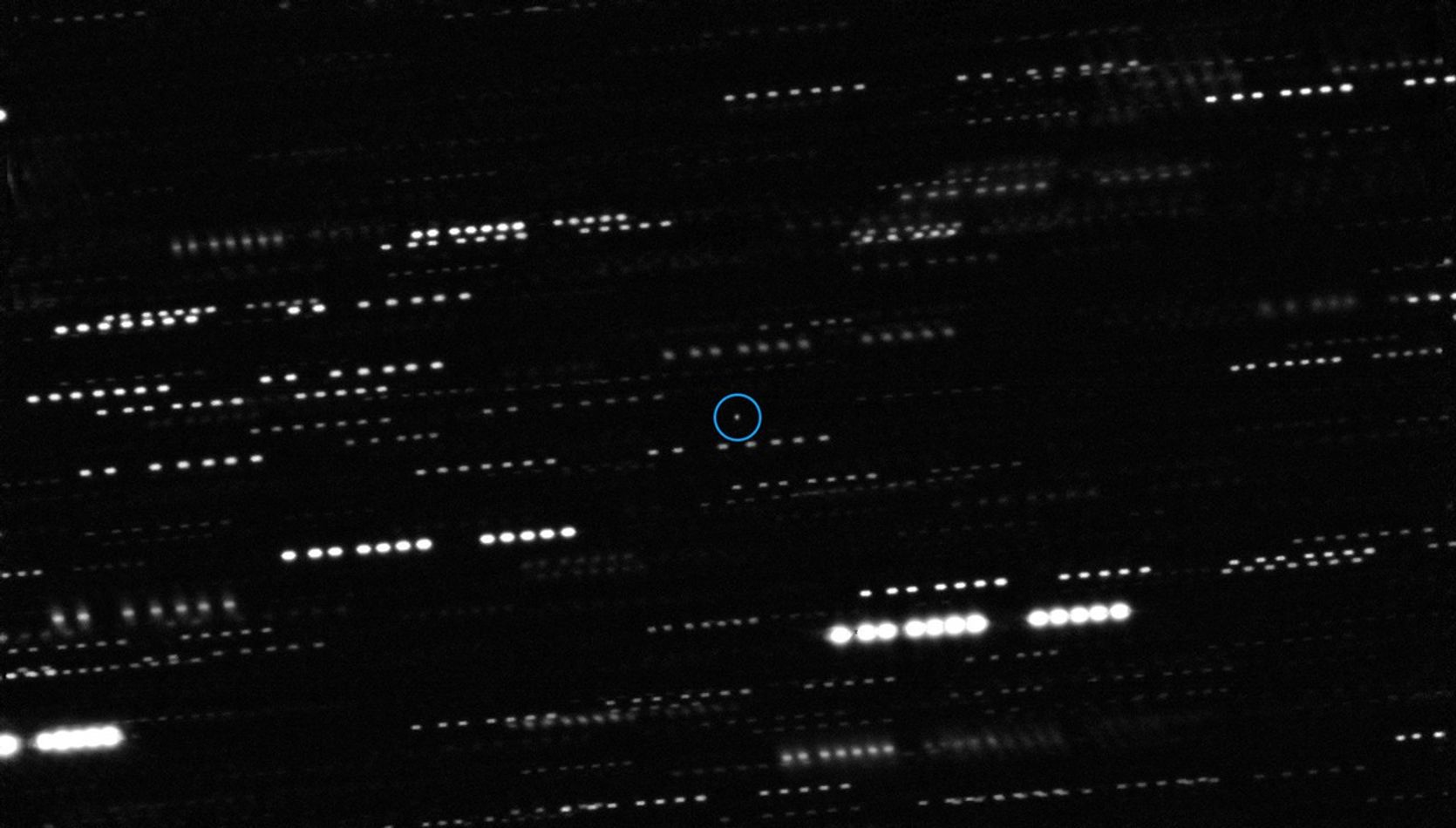 Interstellar object ‘Oumuamua circled in blue, surrounded by trails of faint stars.