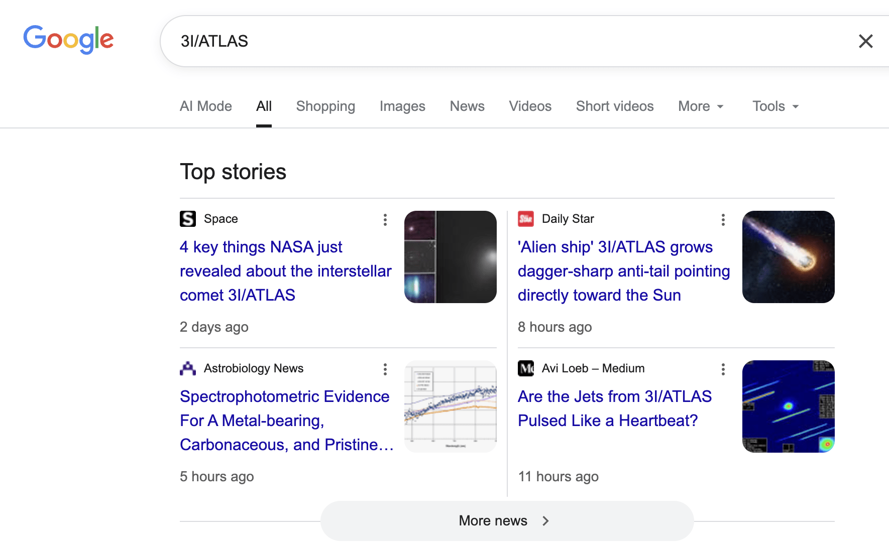 Top Google results from two quick searches for “3I/ATLAS” (one in incognito mode and one without signing in) on November 30, 2025, with a device located in Seattle, show that the alien frame and Loeb’s blog appear prominently on the first page. It is important to note that these screenshots are only a snapshot. Search results are dynamic and can vary by time, location, device, account status, IP address, and Google’s own ranking systems, so other users may see a different mix of results.