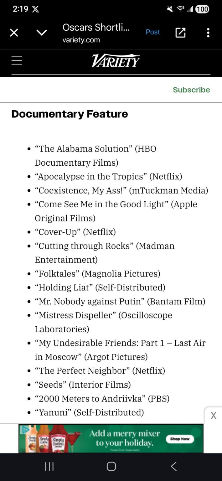 Agr Of Disclosure will not be considered for an Oscar.