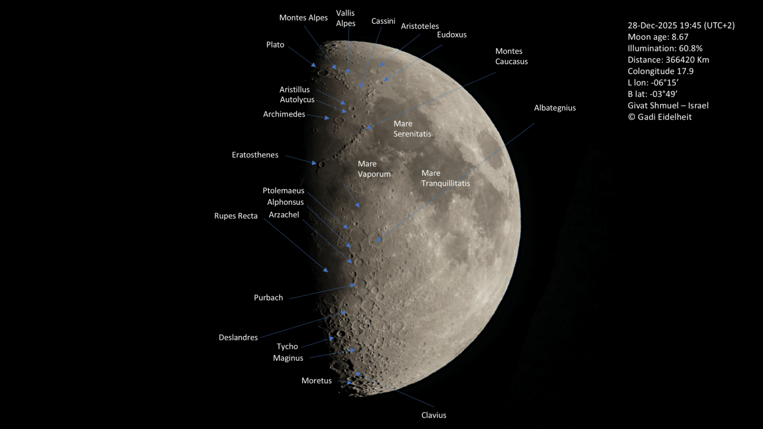 Tonight moon with some dominants features labeled (out of dozens more)