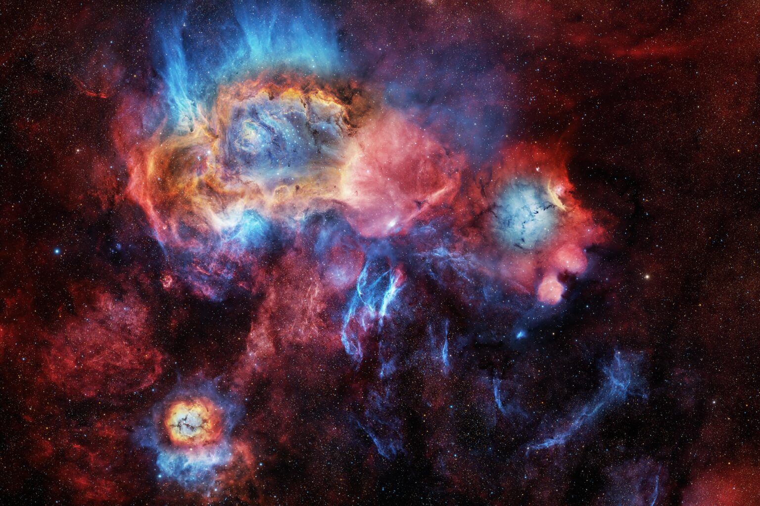 Messier 8, Messier 20 and SNR G007.5-01.7: A 70h Deep-Dive in SHO + RGB