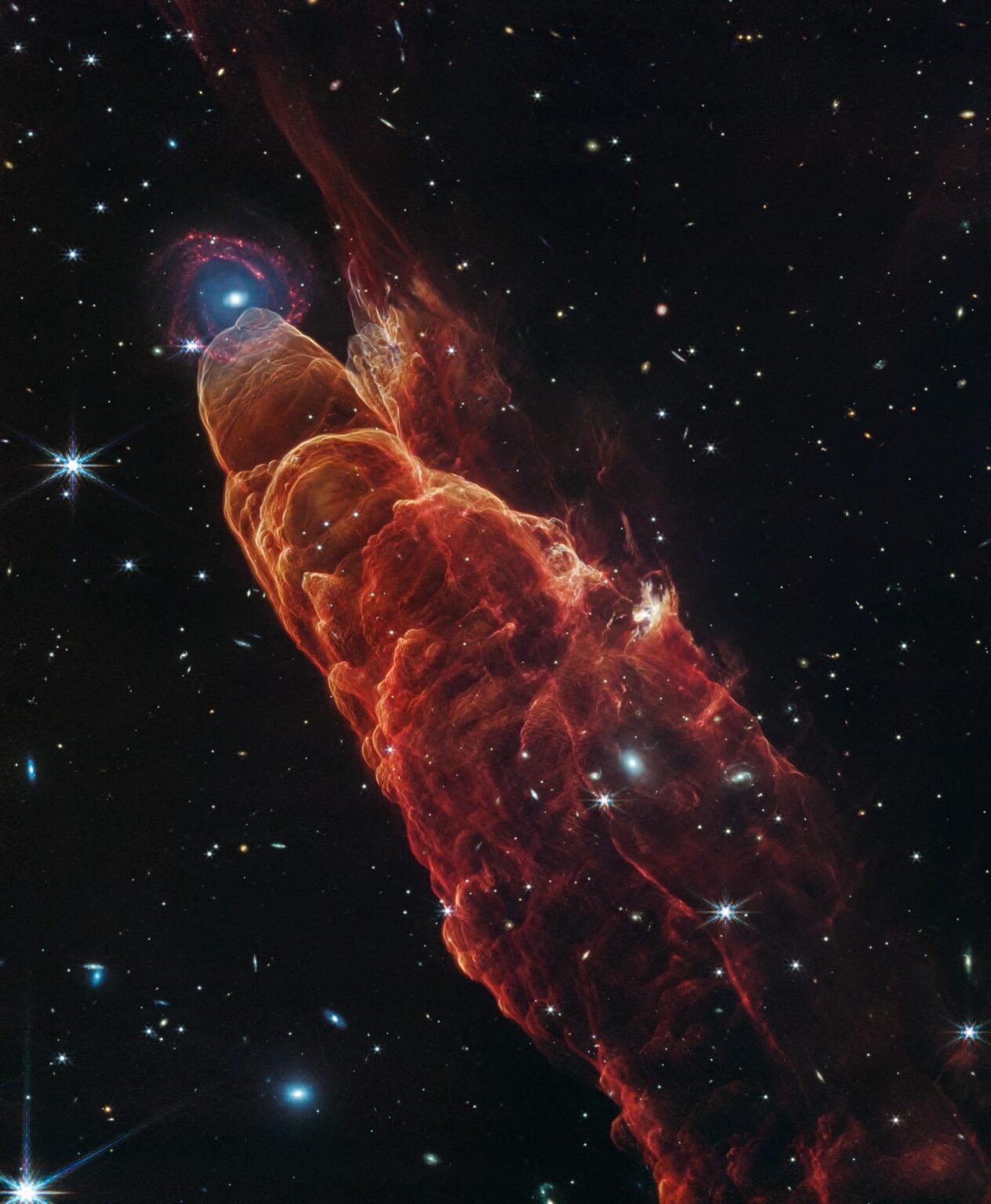 NASA’s Webb Telescope observed Herbig-Haro 49/50, an outflow from a nearby still-forming star