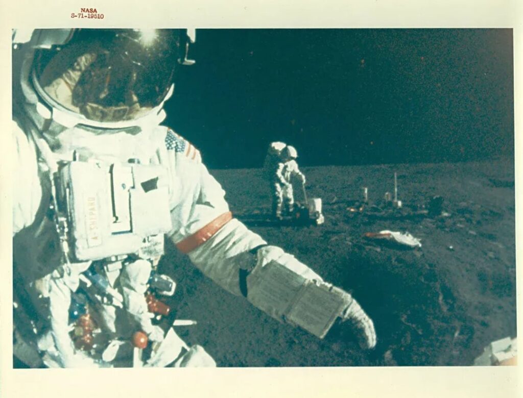 Shepard and Mitchell on the moon during Apollo 14 mission. February 1971