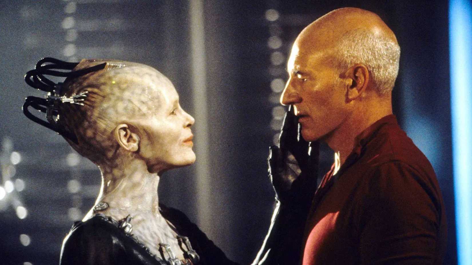 The Borg Queen caresses Jean Luc Picard in Star Trek: First Contact