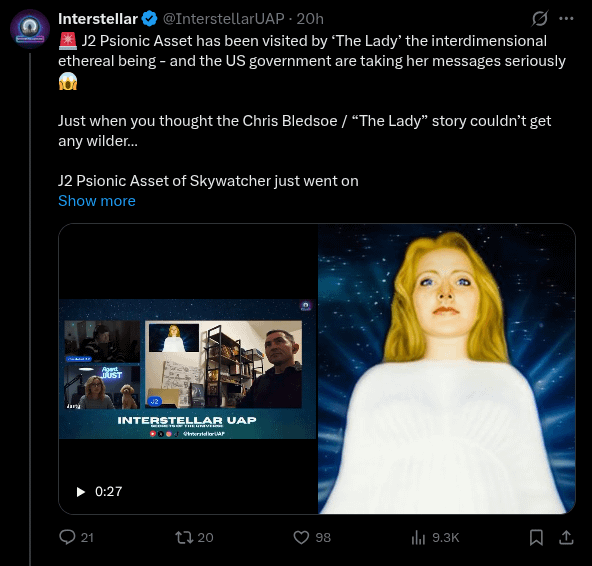 J2 Psionic (person who summons UFOs) Asset of Skywatcher confirms has been visited by ‘The Lady’ the interdimensional ethereal being -and the US government are taking her messages seriously. She has good intentions for disclosure & humanity. Interdimensional being is indispensable to Full Disclosure