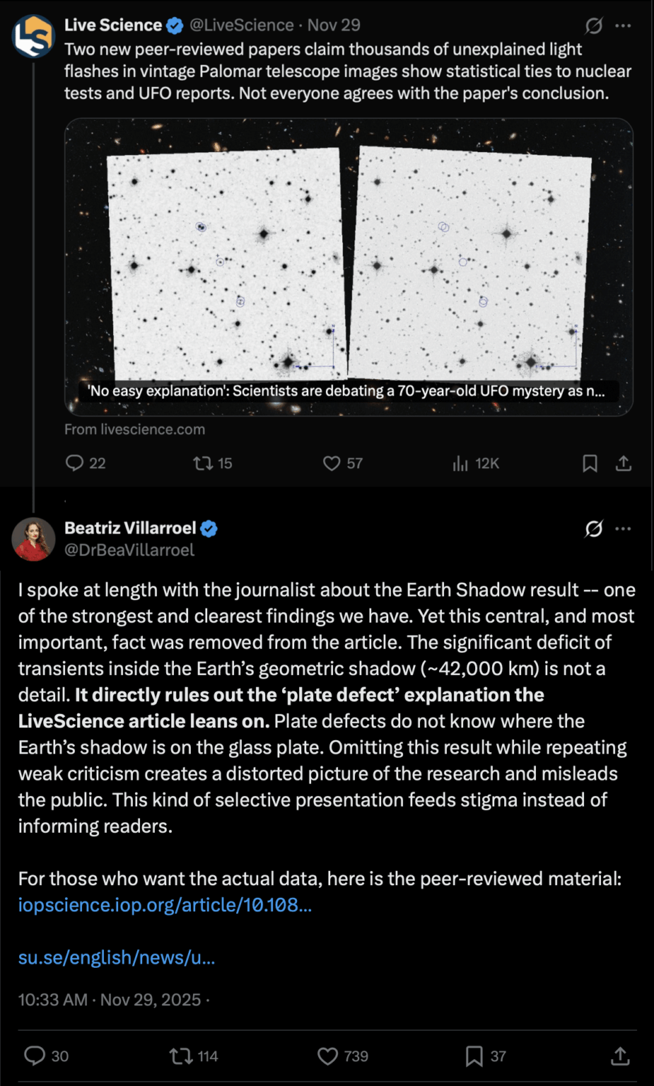 Livescience releases a misleading article on Dr. Villarroel's transient UFO study pretending that the "plate defect" explanation wasn't already ruled out by the peer reviewed study. Dr. Villarroel says "This kind of selective presentation feeds stigma instead of informing readers".